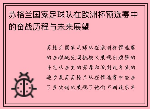 苏格兰国家足球队在欧洲杯预选赛中的奋战历程与未来展望