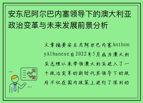 安东尼阿尔巴内塞领导下的澳大利亚政治变革与未来发展前景分析